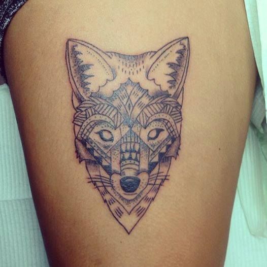 Geometric Coyote Tattoo On Side Thigh