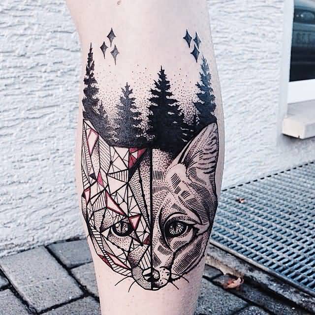 Geometric Fox Head And Forest Tattoo On Leg