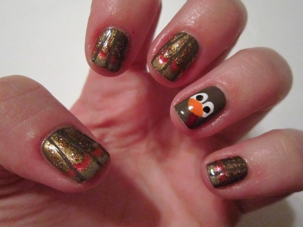 Glitter Gel Nails With Turkey Face Thanksgiving Nail Art