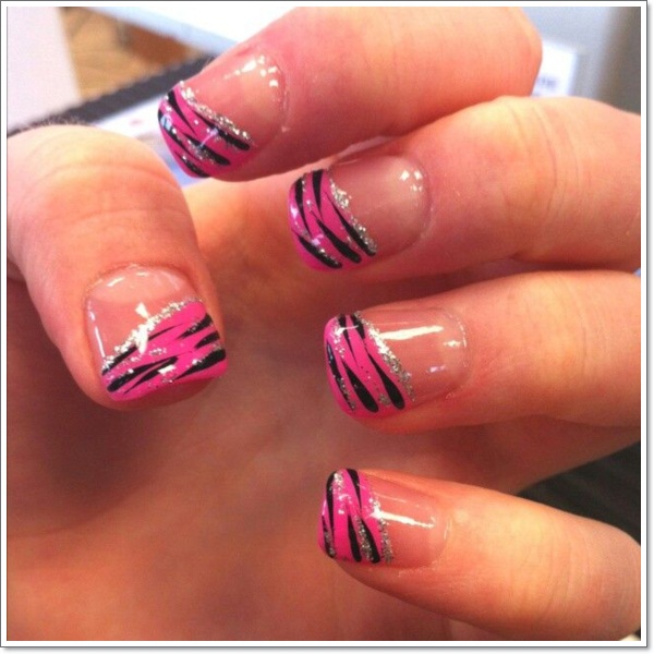 Glossy Pink French Tip Zebra Print Nail Art