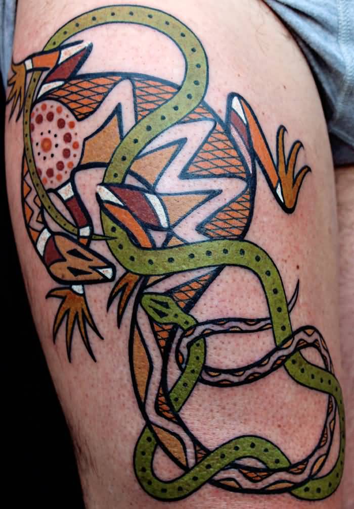 Goanna And Green Snake Aboriginal Tattoo On Right Thigh