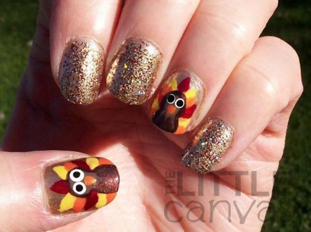 Gold Glitter Nails With Turkey Face Thanksgiving Nail Art
