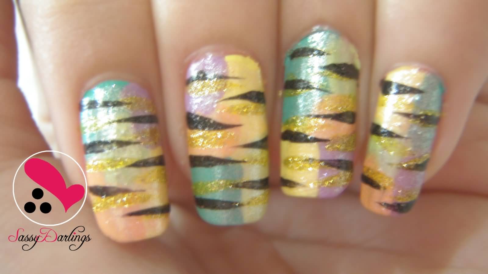 Gold Glitter Zebra Print Nail Art