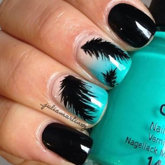 Green French Tip With Black Feather Nail Art
