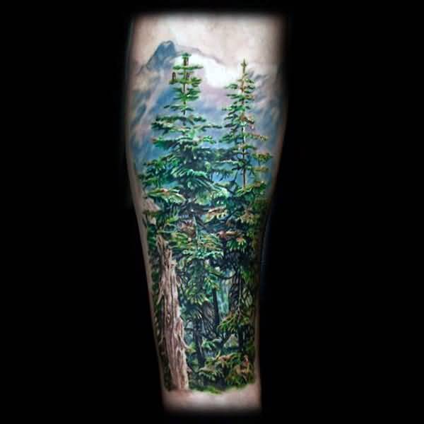 Green Ink Forest Tree Tattoo Design