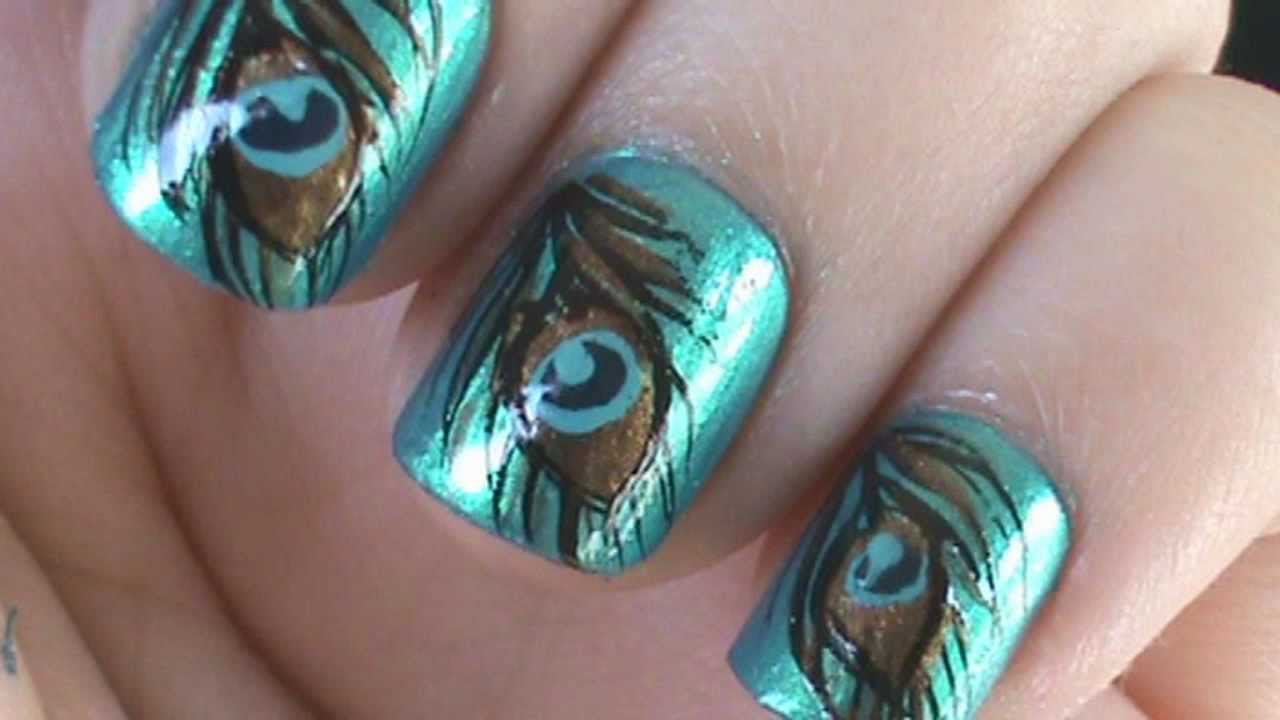 Green Nails With Peacock Feather Nail Art Design Idea For Girls