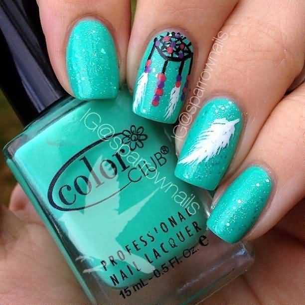Green Nails With White Feather And Dreamcatcher Design Nail Art