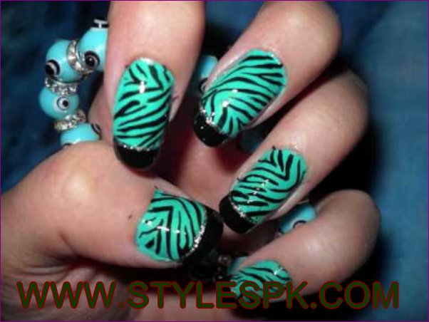Green Zebra Print Nail Art Design Idea For Girls