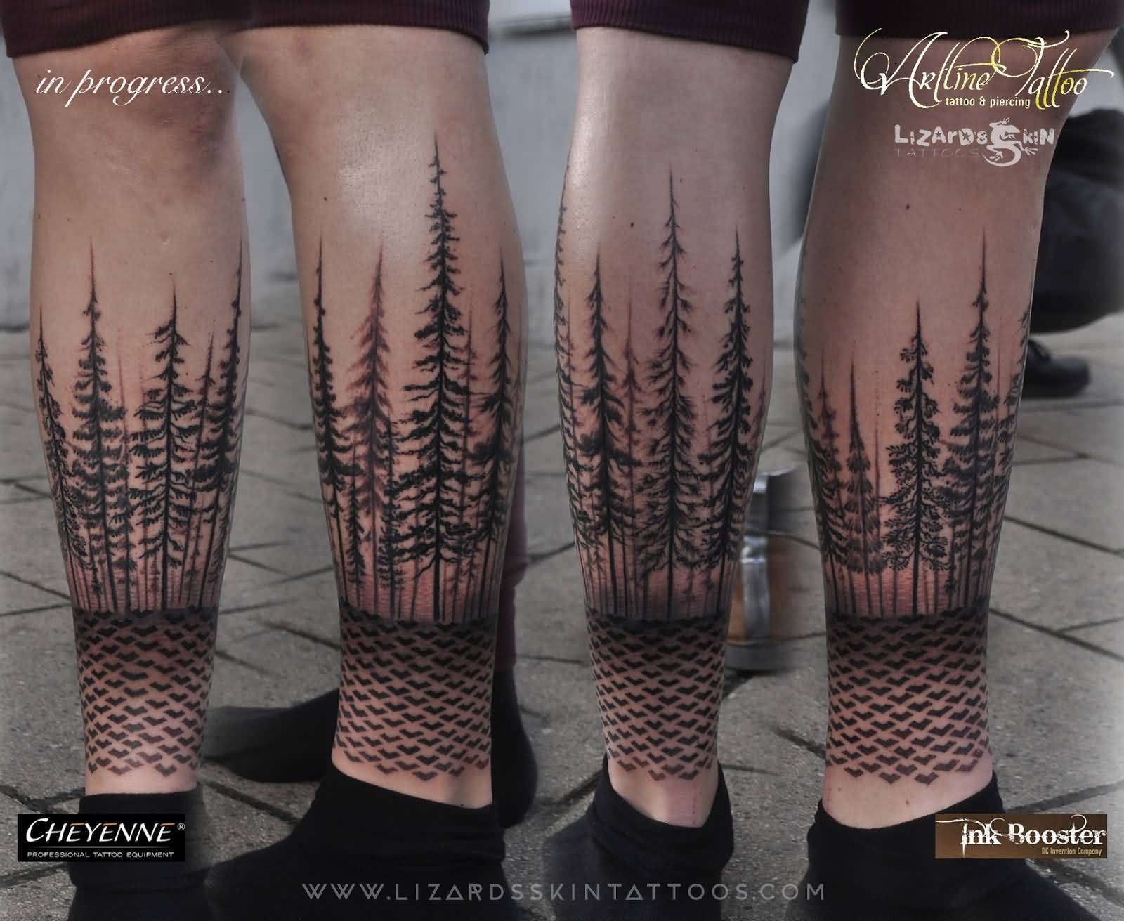 Grey And Black Forest Tattoo On Side Leg