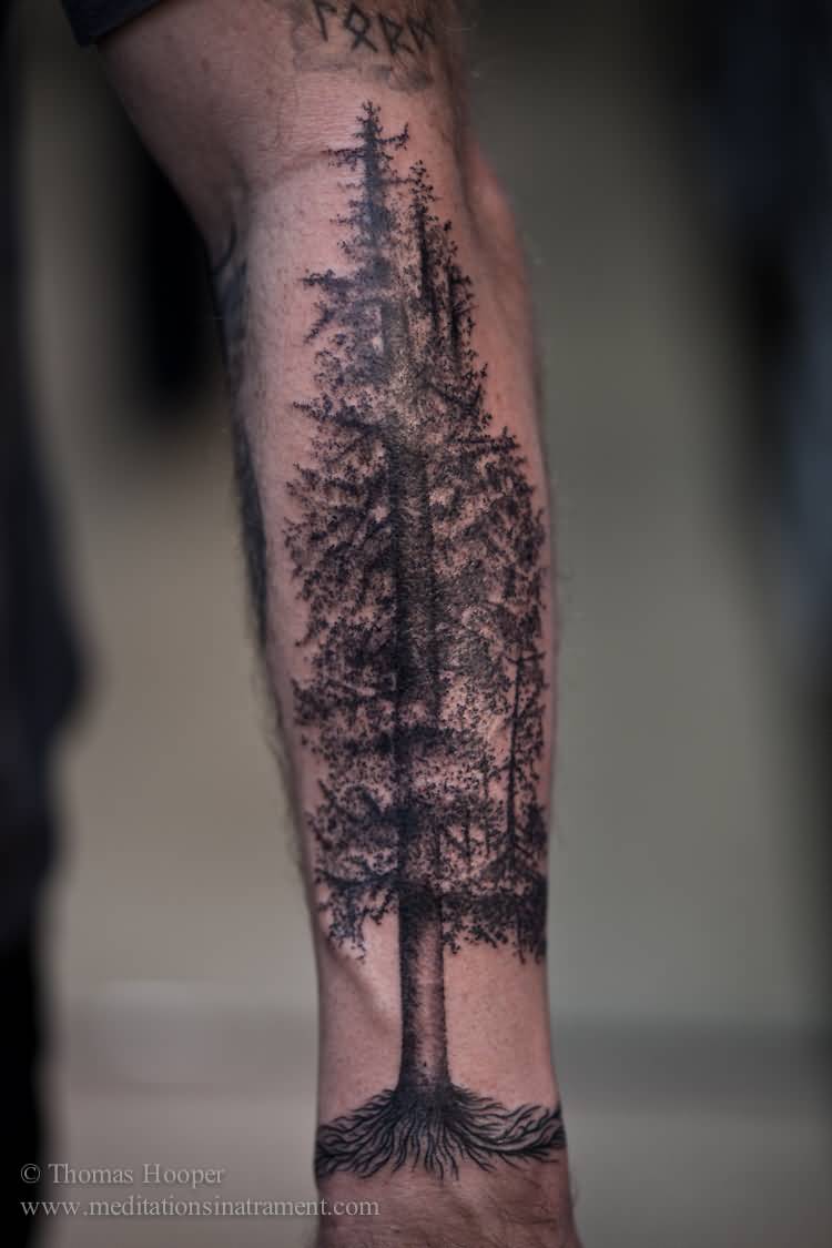 Grey Dotwork Forest Tree Tattoo On Sleeve