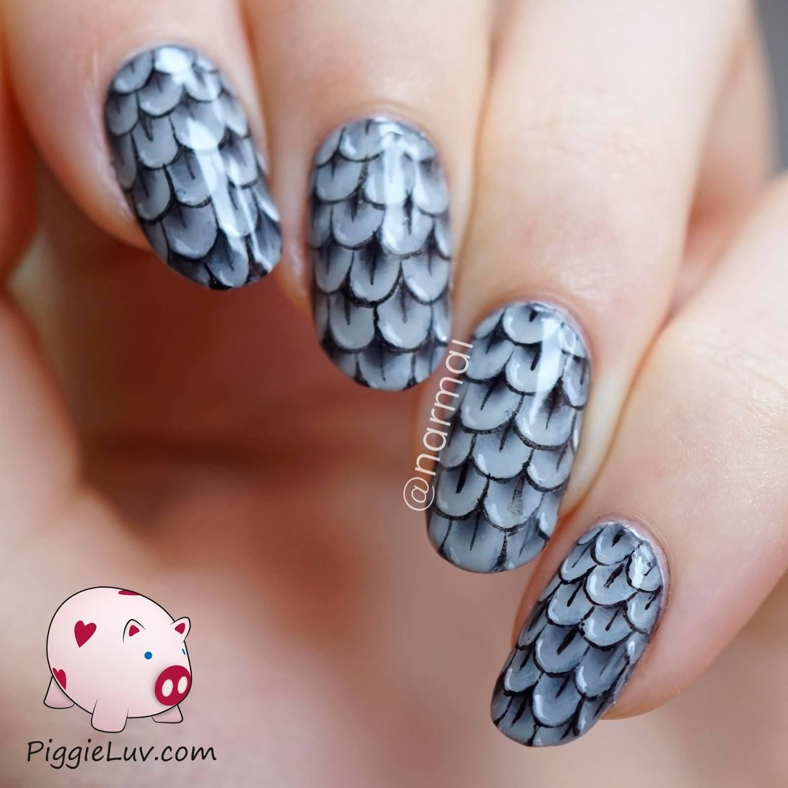 Grey Feather Nail Art Design