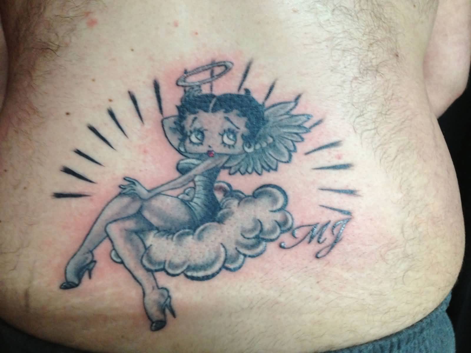 Grey Ink Angel Betty Boop On Clouds Tattoo On Lower Back