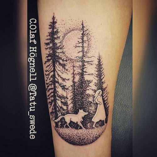 Grey Ink Dotwork Forest Tattoo