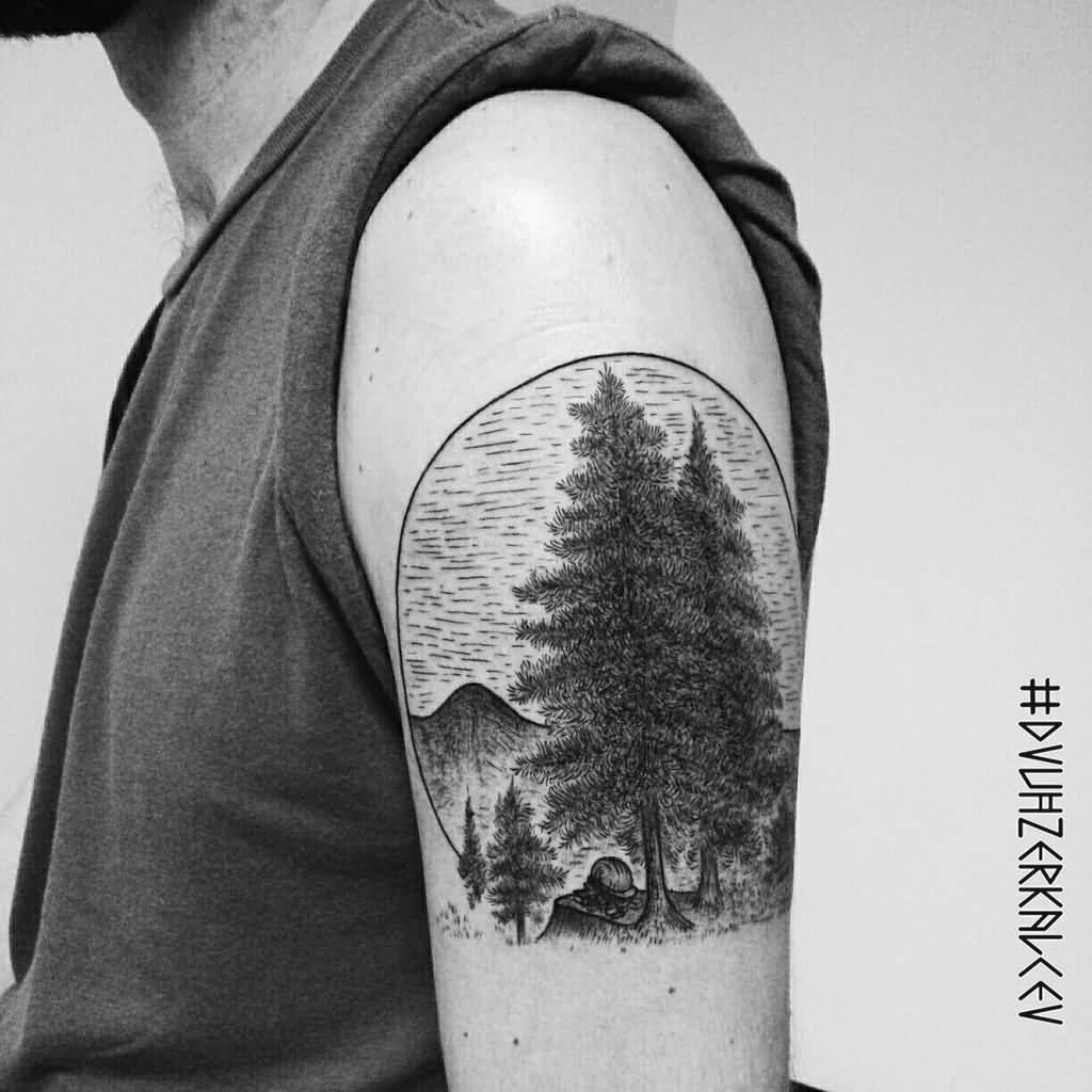 Grey Ink Forest Tattoo On Left Bicep