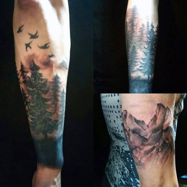 Grey Ink Mountains And Forest Tree Tattoo On Sleeve