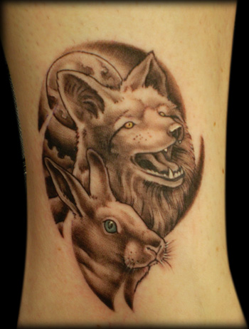 Grey Ink Rabbit And Coyote Head Tattoos