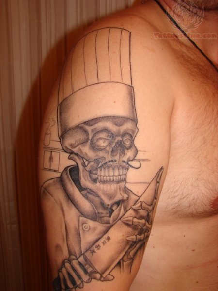 Grey Ink Skeleton Wearing Chef Hat With Knife Tattoo On Half Sleeve