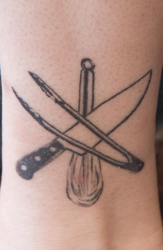 Grey Ink Small Knife And Egg Beater Tattoo On Ankle