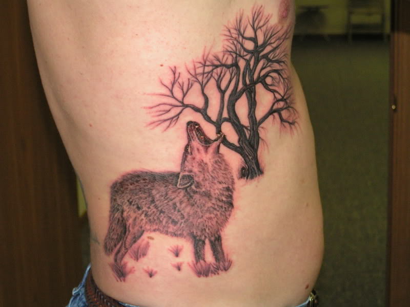 Grey Ink Tree And Coyote Tattoo On Man Side Rib