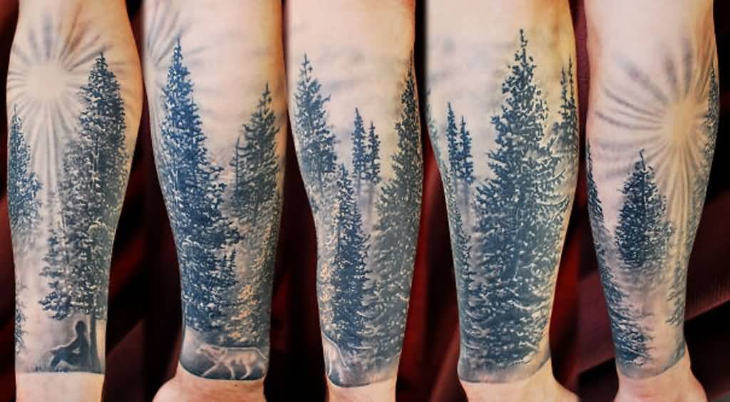 Grey Ink Walking Wolf In Forest Tattoo On Arm Sleeve