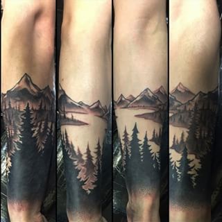 Grey Mountains And Forest Tree Tattoos On Arm Sleeve