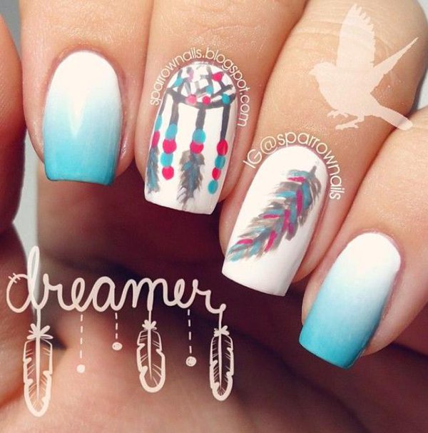Grey Pink And Blue Dreamcatcher And Feather Nail Art