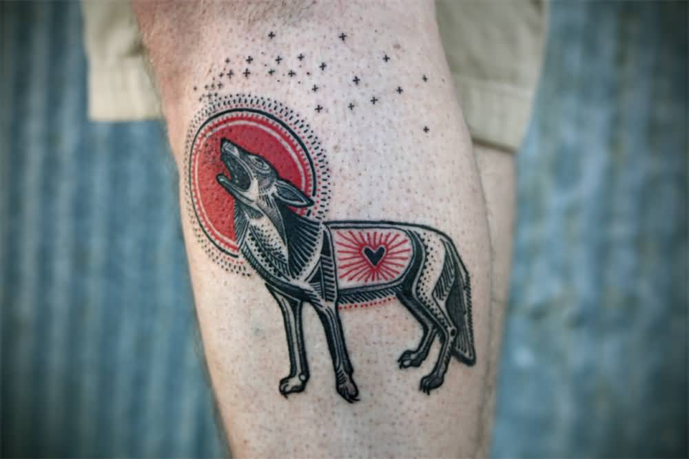 Howling Coyote Tattoo On Side Leg