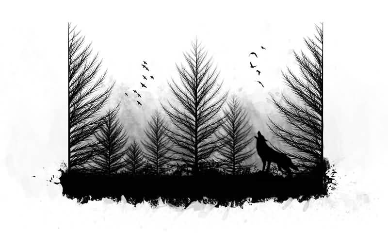 Howling Wolf In Forest Tattoo Design by 0lejek