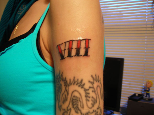 Incredible Red Color Roman Numeral Eight With Dragon Tattoo On Half Sleeve