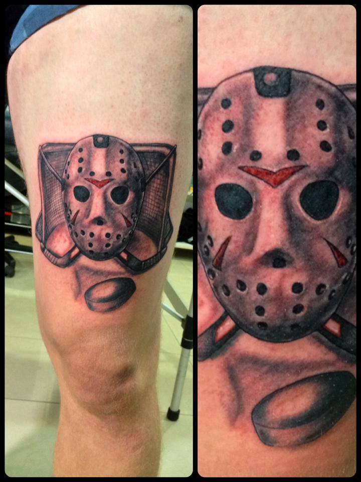 Jason Mask Tattoo On Thigh by Marley
