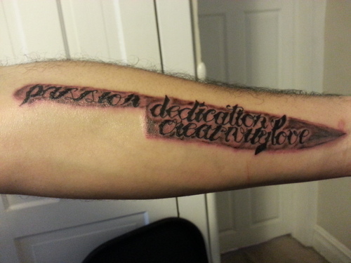 Lettering On Chef Knife Tattoo On Arm Sleeve