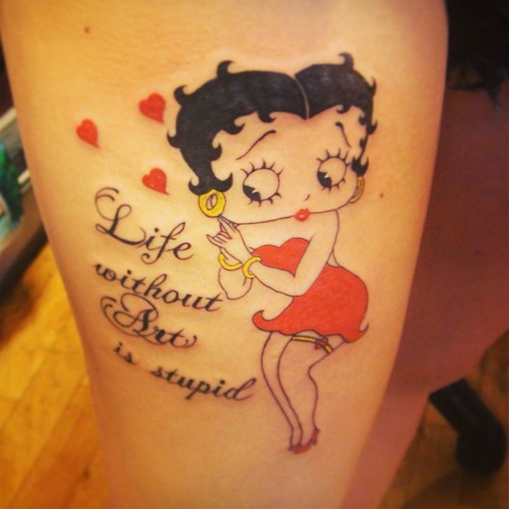 Life Without Art Is Stupid Betty Boop Tattoo On Thigh