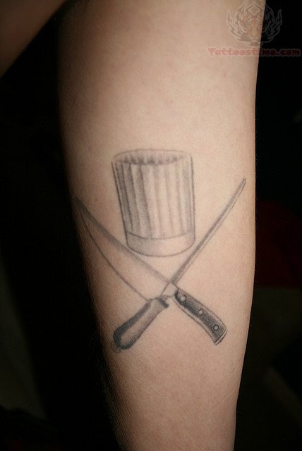 Light Inked Chef Hat With Crossed Knives Tattoo