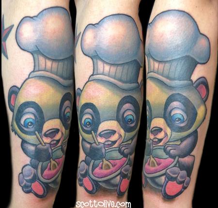 Little Chef Panda Cooking Tattoo On Arm Sleeve