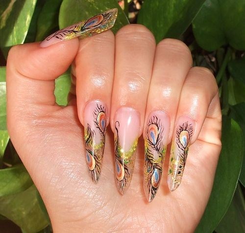 Long Nails With Feather Nail Art
