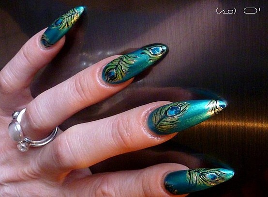 Long Peacock Feather Nail Art Design