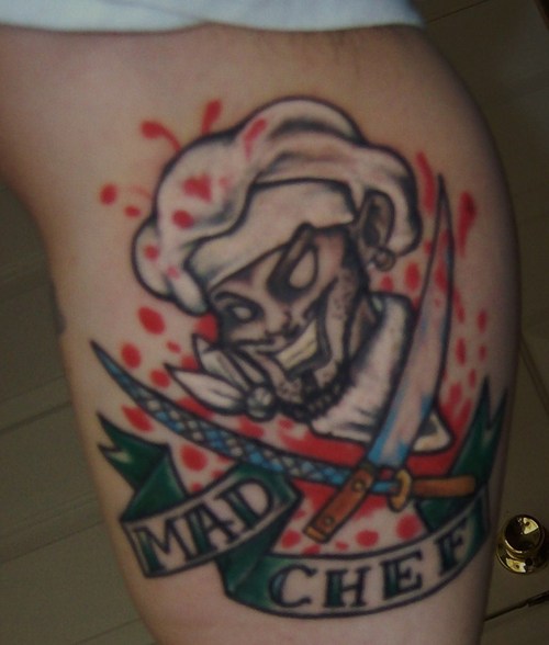 Mad Chef Written On Banner With Chef Skull Tattoo