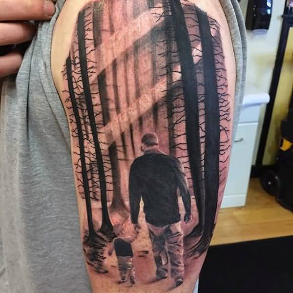 Man With His Son Walking In Forest Tattoo On Half Sleeve