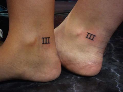 Matching Roman Numeral Three Tattoo On Ankle