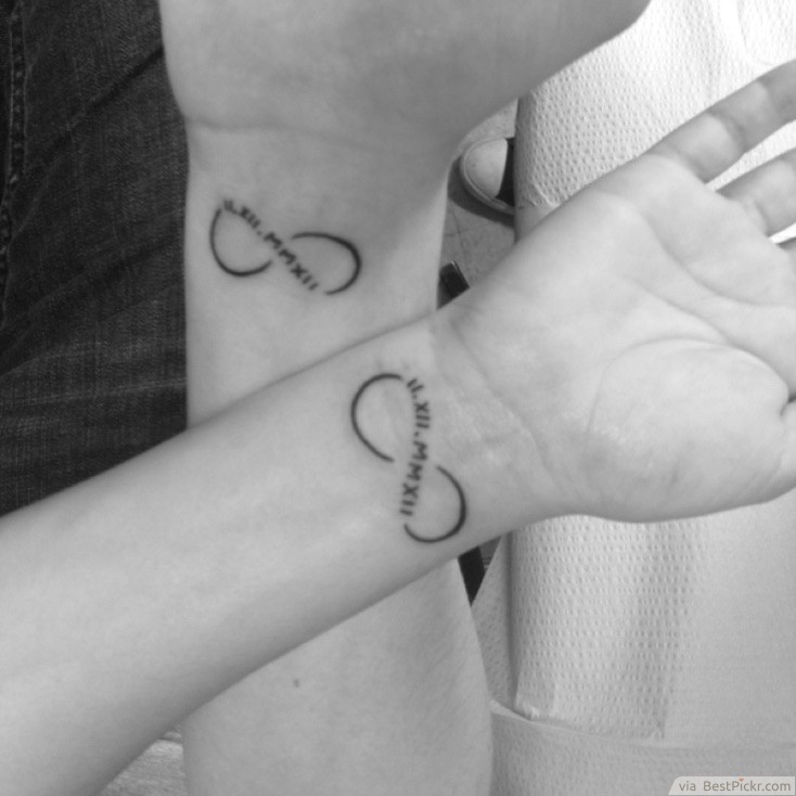 Matching Roman Numerals With Infinity Design Tattoo On Wrists