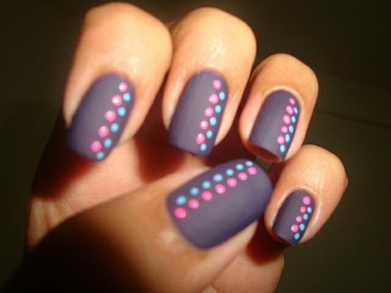Matte Nails With Blue And Pink Polka Dots Nail Art