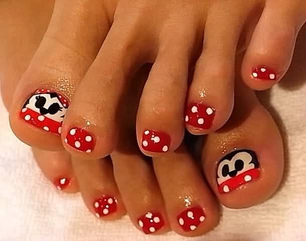 Mickey And Minnie Mouse Face Polka Dots Nail Art For Toe
