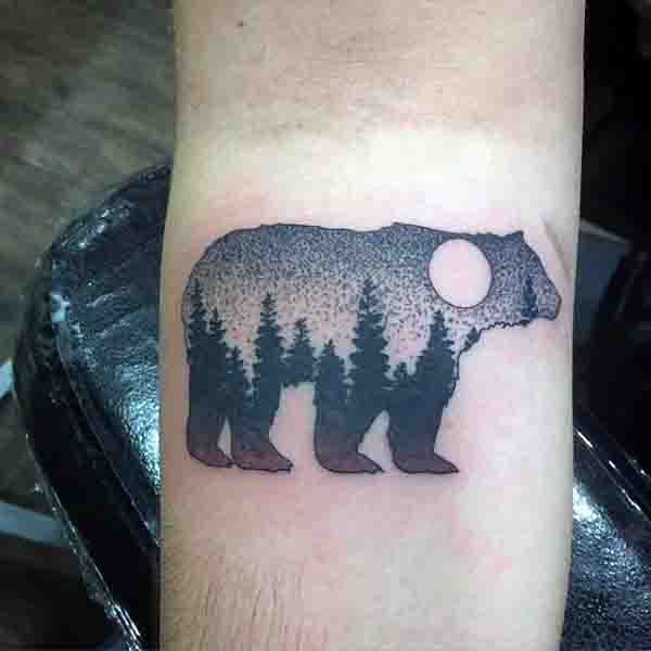 Moon And Forest in Bear Tattoo On Inner Arm