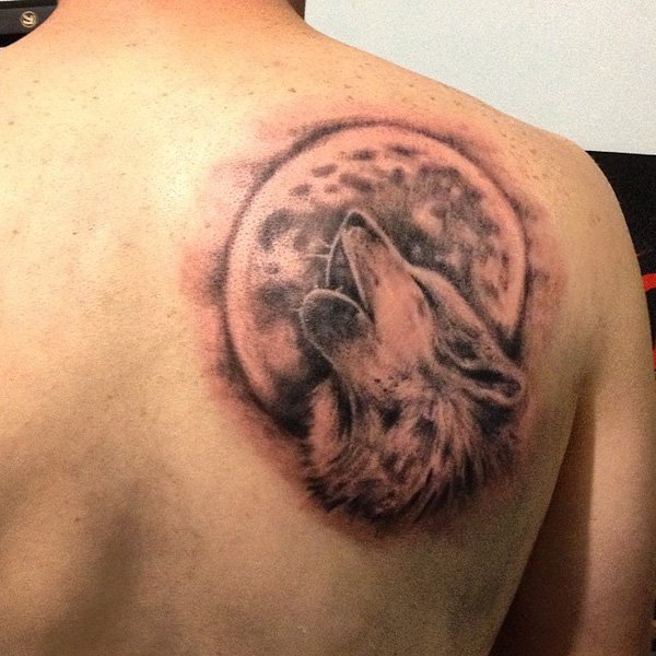 Moon And Howling Wolf Coyote Tattoo On Right Back Shoulder