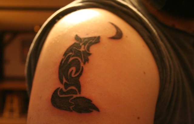 Moon And Tribal Coyote Tattoo On Shoulder