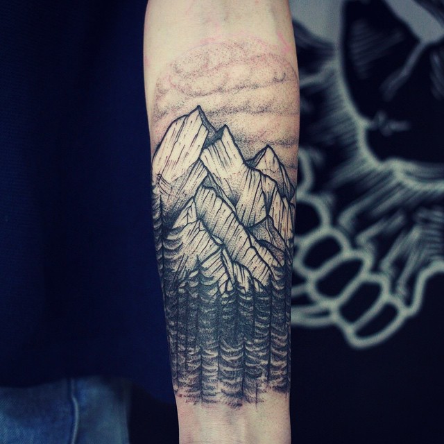 Mountains And Forest Tree Tattoos On Left Forearm