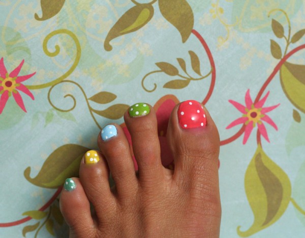 Multicolored Nails With White Polka Dots Nail Art For Toe