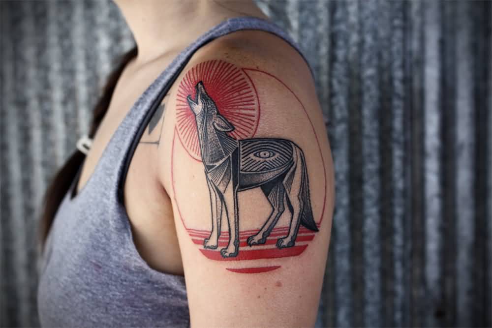 Native Coyote Tattoo On Left Shoulder For Women