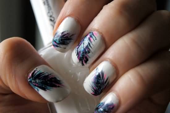 Neon Feather Nail Art On White Nails