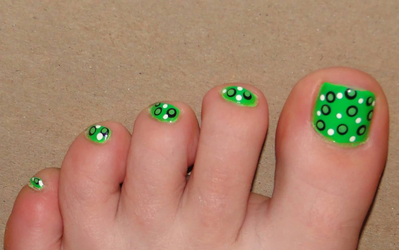 Neon Green Nails With Black And White Polka Dots Nail Art For Toe